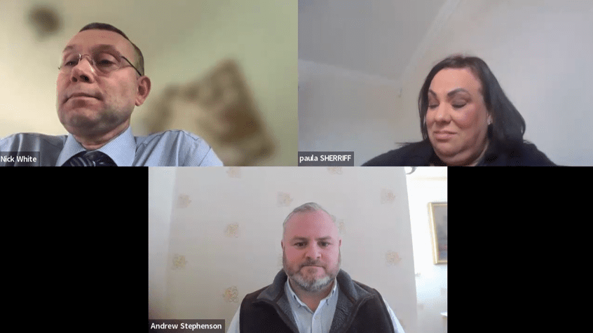 Fatima Kamara (Chair), Rt Hon Andrew Stephenson CBE, Paula Sheriff, and Dr Nick White discuss Government plans to reform social care and NHS reform in a video meeting