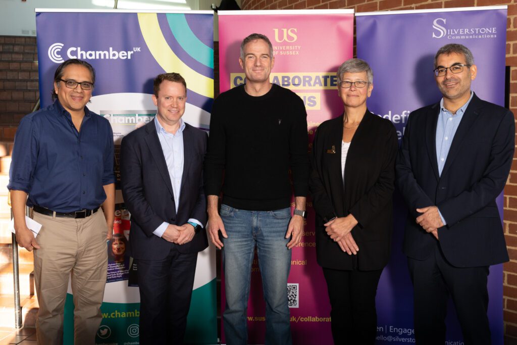 (Left to Right) Tim Flagg, CEO, UKAI, Neil Sawyer, Senior Vice President and Managing Director, Northern Europe, HP, Rt Hon Peter Kyle MP, Secretary of State for Business, Professor Sasha Roseneil, Vice-Chancellor, University of Sussex, Professor Robin Banerjee, Pro-Vice-Chancellor (Global and Civic Engagement), University of Sussex (Photo: Silverstone Communications) discuss the future of work