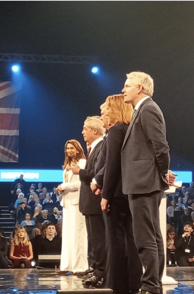 Reform UK candidates facing to the side, with Suella Braverman being the only one looking towards the camera.