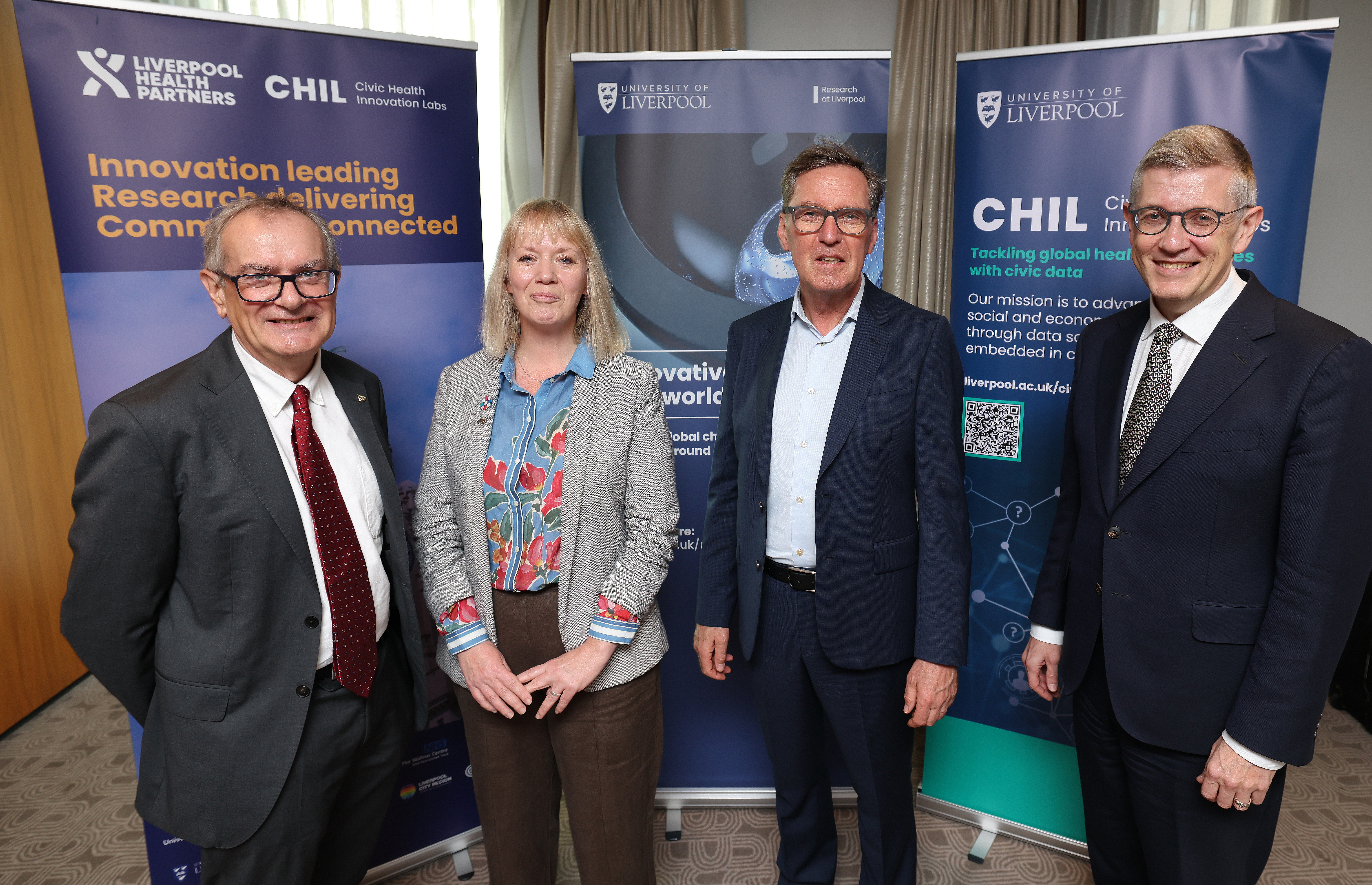 The University of Liverpool Civic Health Innovation Labs (CHIL) organised a roundtable discussion on closing the gap between what public services know about people’s circumstances and what they do to improve them at Labour Party Conference. (Left to right: University of Liverpool Provost, Professor Richard Black, Chief Executive for NHSA and Executive Director of Health Equity North, Hannah Davies, Rt Hon Alan Milburn, Director of CHIL Professor Iain Buchan)